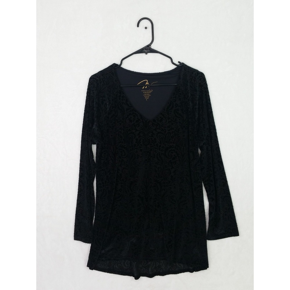 Miraclebody Miraclesuit‎ Black Floral Velour Dress Top Size L Spandex Liner